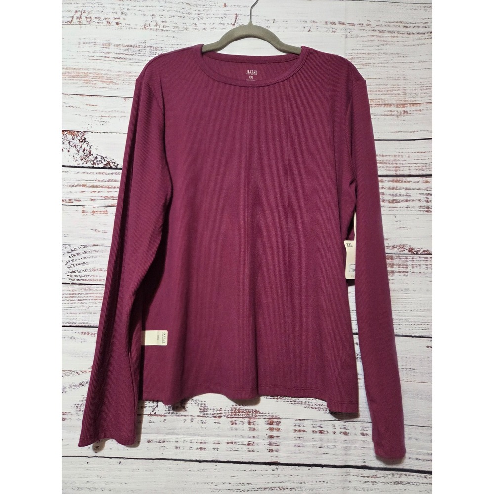 ANA A New Approach Womens XXL Ribbed Long Sleeve Top Berry Wine Crew Neck New